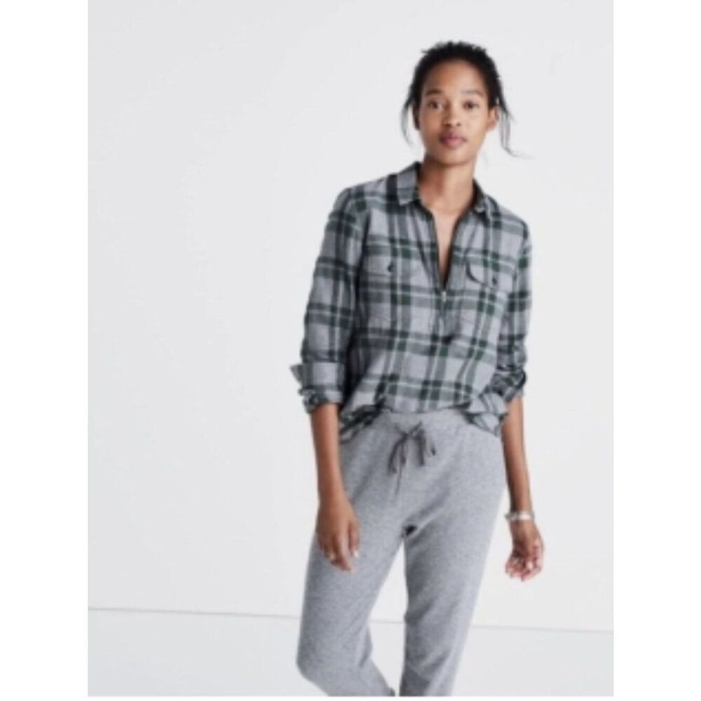 Like New! Madewell Plaid 1/4 Zip-Front Flannel Shirt Cotton Green/Gray in Size S